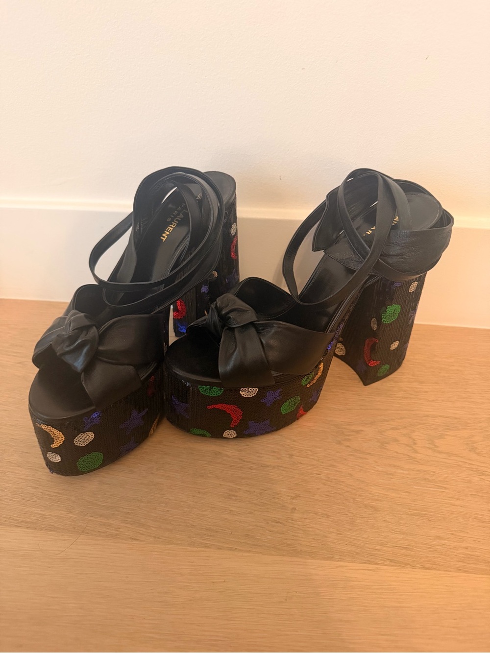 Saint Laurent Black Leather Knot Platform Sandals with Embroidered Sole